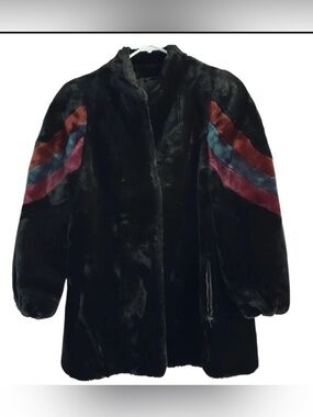 Vtg 80s Central Park Zoo Faux Fur Coat Black Colorblock Stripe Sleeve XS Petite